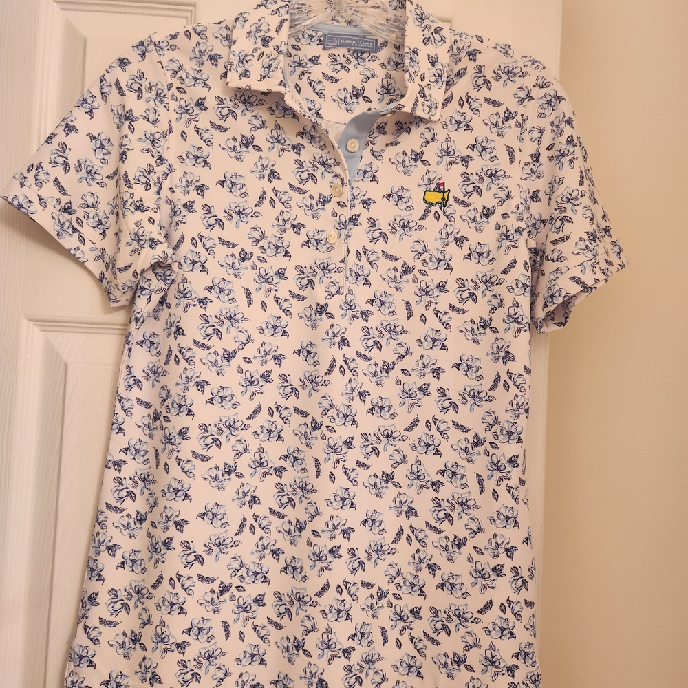 Masters Magnolia Line White and Blue Womens Patterned Polo